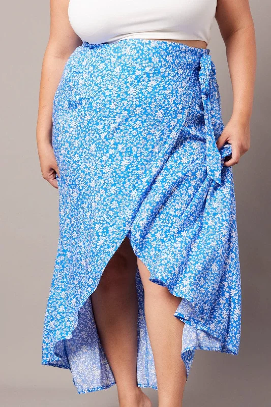 Blue Ditsy Wrapover Maxi Skirt chiffon skirt flowing