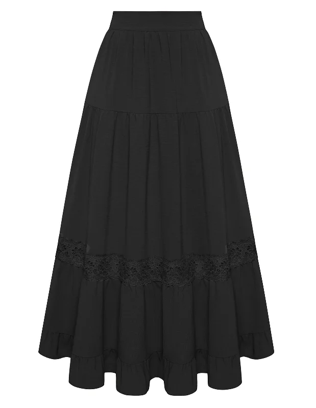 BP Women Vintage Tiered Swing Skirt Elastic Waist Ruffled Hem Mid-Calf Skirt denim skirt casual
