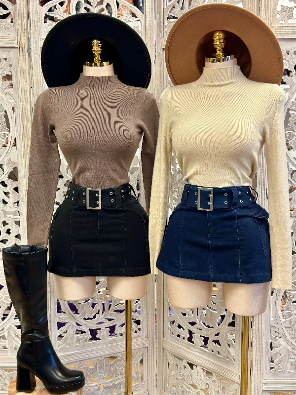 Buckle Belt Denim Mini Skirt-Estira, Stretchy cotton skirt soft