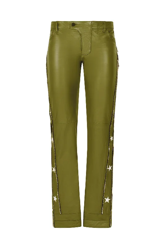 SUNSET RODEO LEATHER PANTS-OLIVE Fashionable Tapered Leg Pants