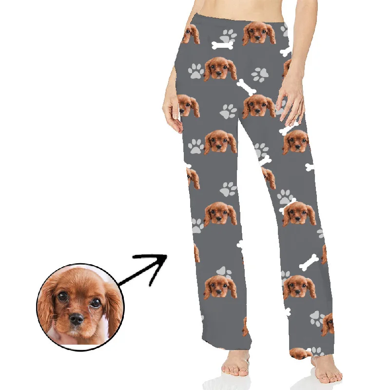 Custom Photo Pajamas Pants For Women Dog Footprint Long Sleeve Comfortable Jogging Pants