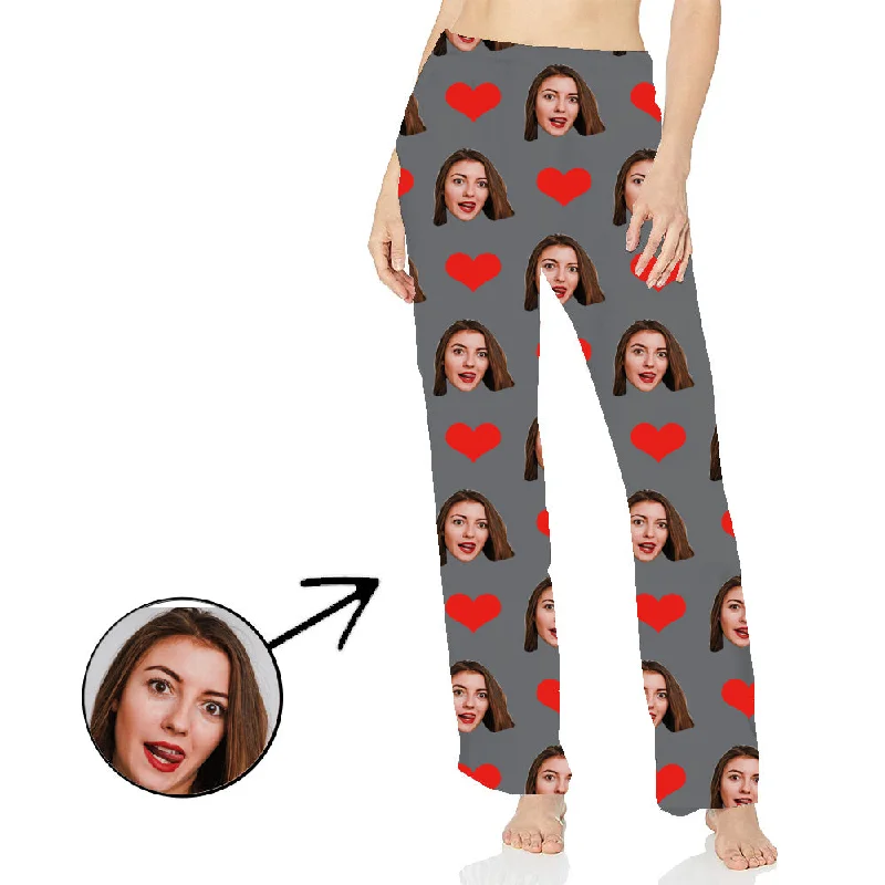 Custom Photo Pajamas Pants Christmas Gifts For Women Heart I Love My Wife Long Sleeve Relaxed Casual Leggings