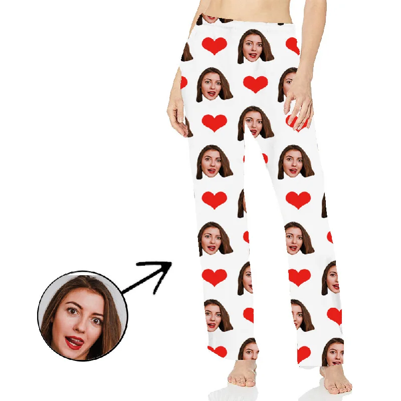 Custom Photo Pajamas Pants For Women Heart My Loved One's Face Long Sleeve Relaxed Fit Trousers