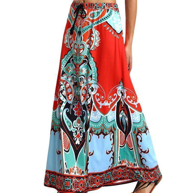 Fits 25 - 45" waist, African, Boho Print Beach Maxi High Waist Skirts silk skirt lustrous
