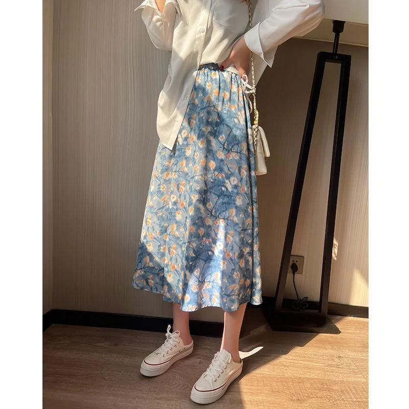 Female Oil Painting Flower Printing Vintage Skirt Elegant Slim High Elastic Waist Big Swing Holiday Skirt floral skirt print