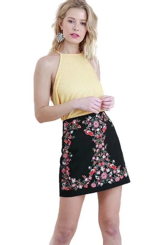 Floral Embroidered High Waist Mini Skirt, Black silk skirt luxurious