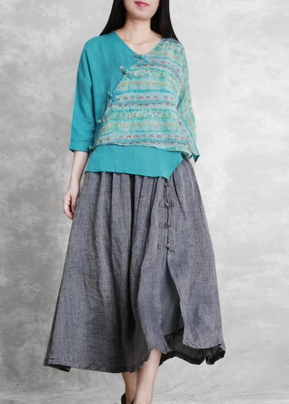 French Grey Elastic Waist Oriental Summer Linen Skirt velvet skirt glossy