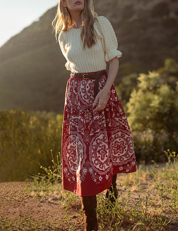 Freyja Red Medallion Print Midi Skirt linen skirt natural