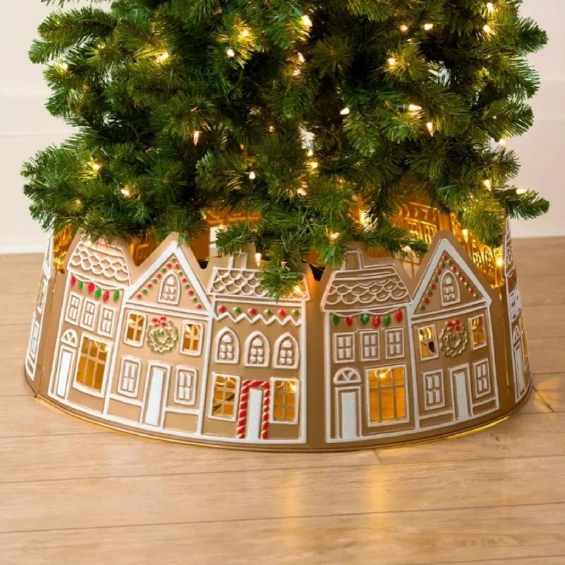 Gingerbread House Christmas Tree Collar - LED Skirt for Xmas Pencil Tree Decorations linen skirt light