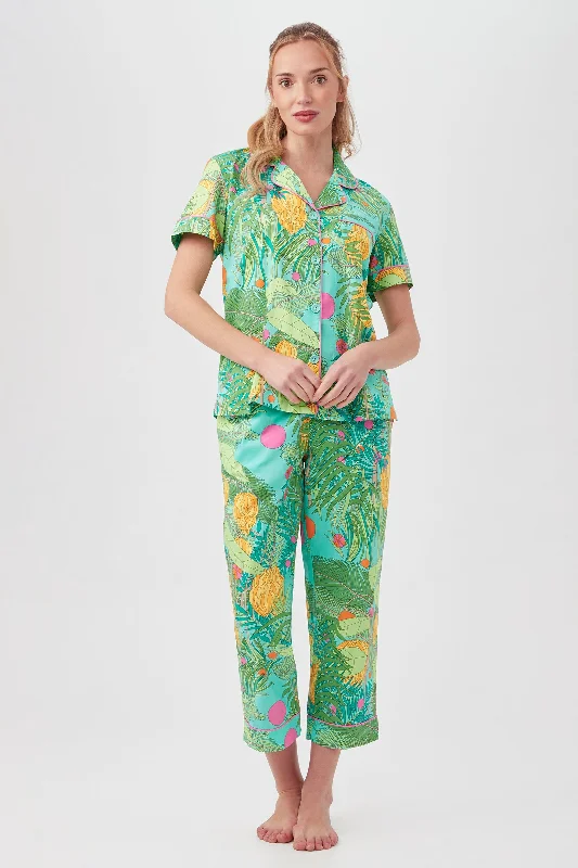 Going Bananas Women's Short Sleeve Cropped Pant Poplin PJ Set Relaxed Casual Leggings