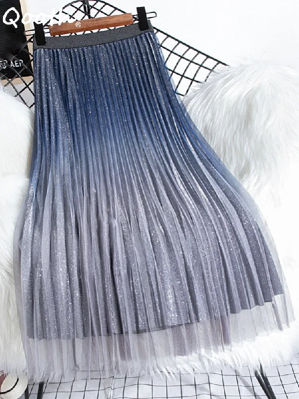 Gradient Color Mesh Midi Length Pleated High Waist Sequins A-line Skirt wool skirt sturdy