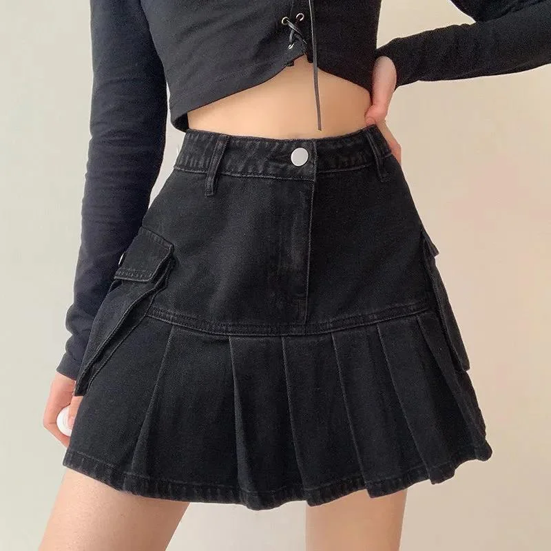 High Waist Versatile Ultra Short A-Line Skirt Spring Retro Denim Pleated Skirt velvet skirt plush