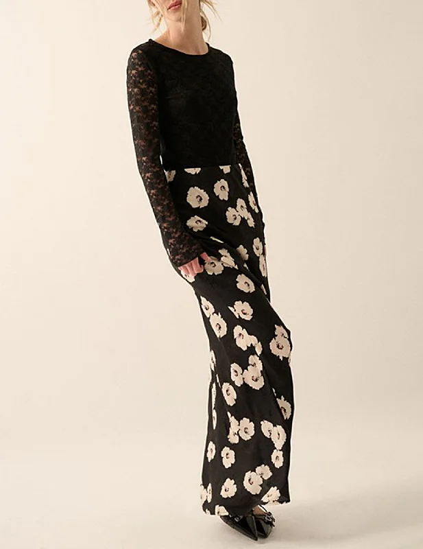 Idalia Black Floral Longline Skirt denim skirt fashionable
