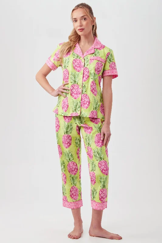 Kiwi Pineapple Women's Short Sleeve Cropped Pant Poplin PJ Set Soft Wool Pants