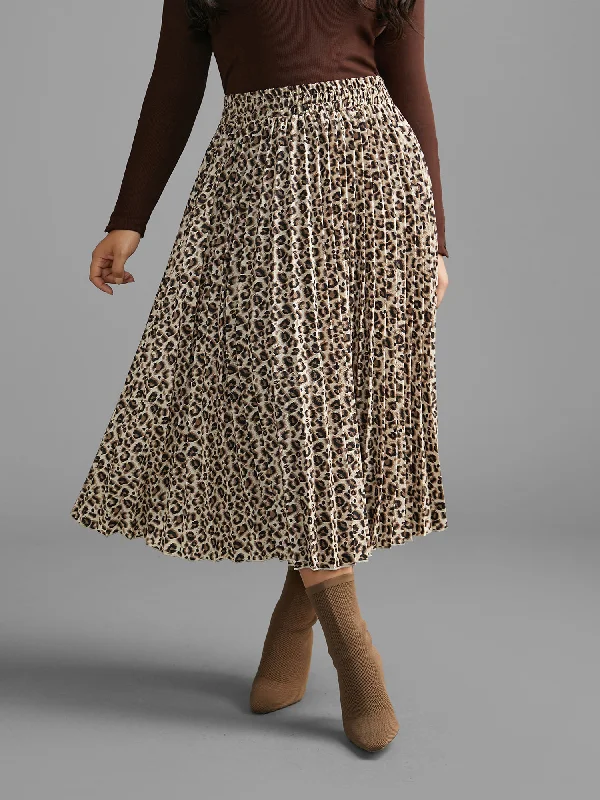 Leopard Print Pleated Elastic Waist Skirt linen skirt breathable