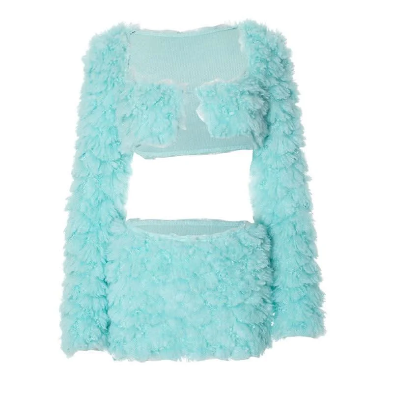 Long sleeve fluffy square neck slit solid mini skirt set linen skirt airy