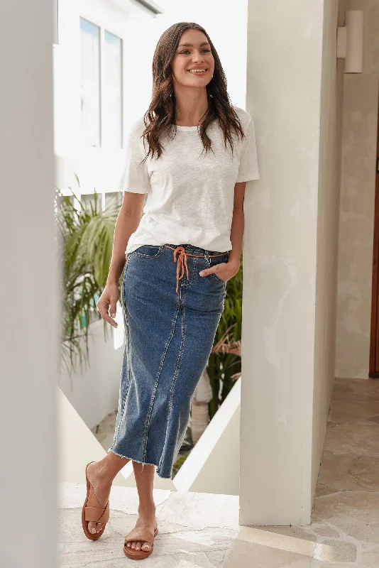Lusia Dark Blue Denim Tie Skirt denim skirt trendy
