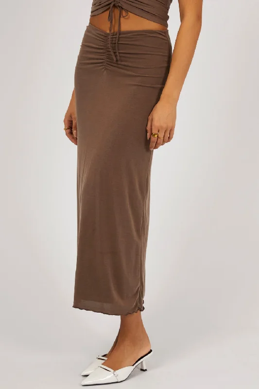 Luxe Brown Ruched Front Maxi Skirt silk skirt luxurious