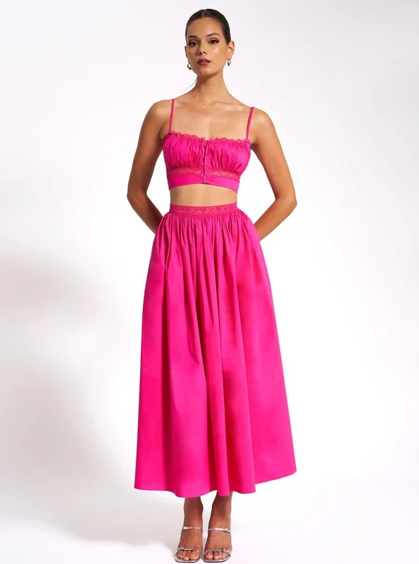 Martha Fuchsia Cotton Poplin Maxi Skirt and top Set ruffled skirt detail