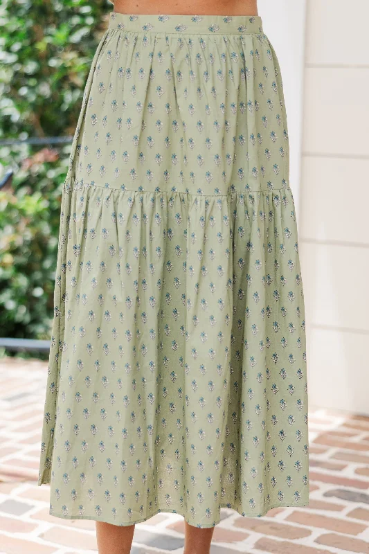 More Than You Know Pistachio Green Floral Midi Skirt elastic waist skirt
