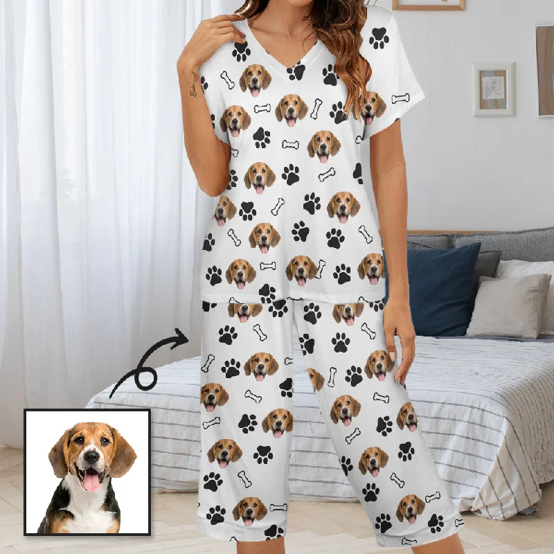 Personalized Face Women's Pajama Set Custom Dog Paw&Bones Women's V-Neck Short Sleeve&Capri Pants Pajama Sets Chic Faux Leather Pants