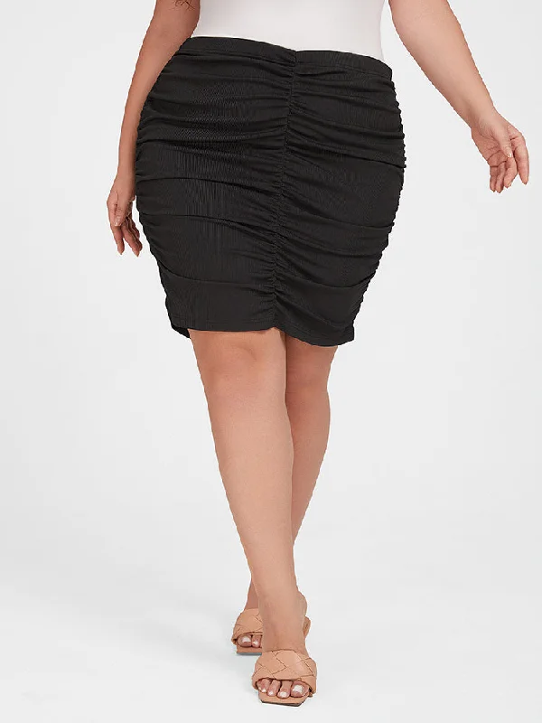Plus Black Ruched High Waist Skirt vintage skirt charm