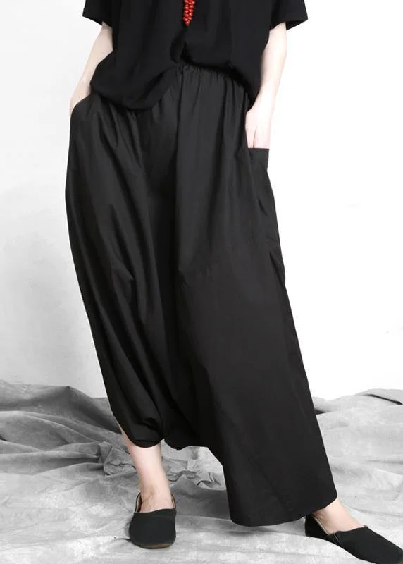 Plus Size Black asymmetrical design Elastic Waist Summer Linen Skirts high slit skirt