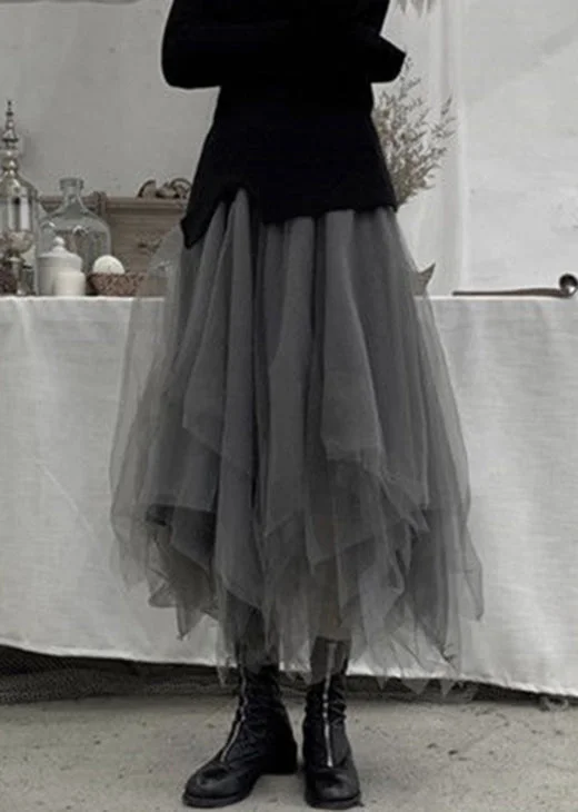 Plus Size Grey Patchwork Cute Tulle Skirts Spring leather skirt sleek