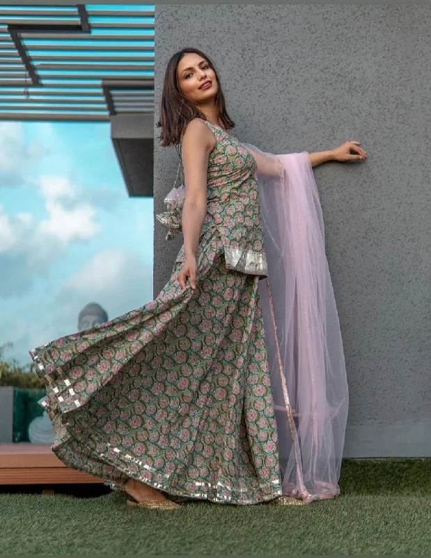 Pomcha Jaipur Hand Block Print Cotton Kurta Skirt Set lace skirt intricate