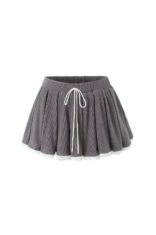 Preppy Bow Detail High Waist Scalloped Lace Ribbed Pleated Mini Skirt seamless skirt comfort