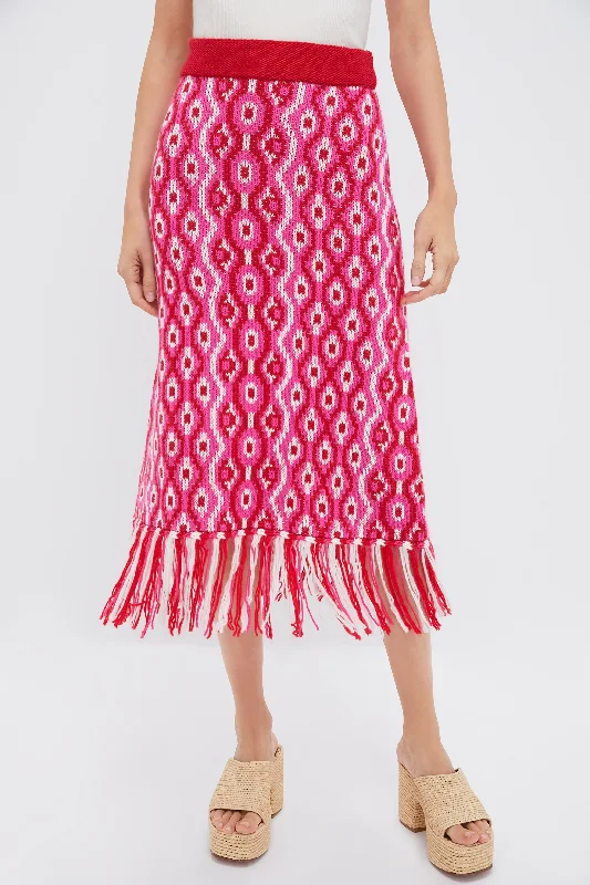 Red & Pink Geo Knit Mabel Midi Skirt silk skirt lustrous