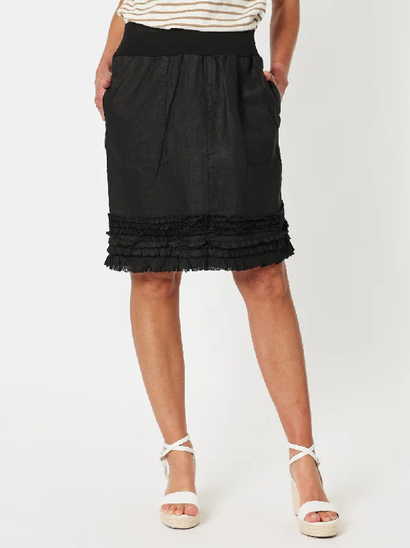 Mimi Linen Ruffle Hem Skirt - Black midi skirt versatile