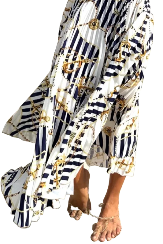 Sailor Print Midi Skirt linen skirt natural