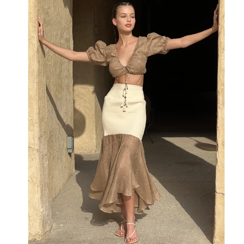 Sand Beige Pure Linen Godet Skirt Sculpting Waistband cashmere skirt fine