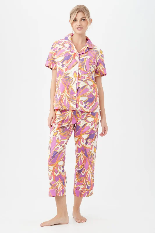 Senegal Garden Women's Short Sleeve Cropped Pant Poplin PJ Set Casual Lounge Pants