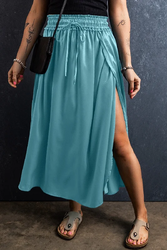 Slit Drawstring Elastic Waist Skirt lace skirt intricate