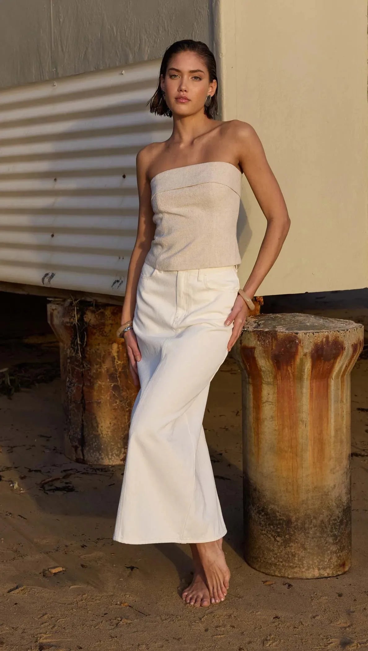 Staple the Label Innes Denim Midi Skirt in White velvet skirt glossy
