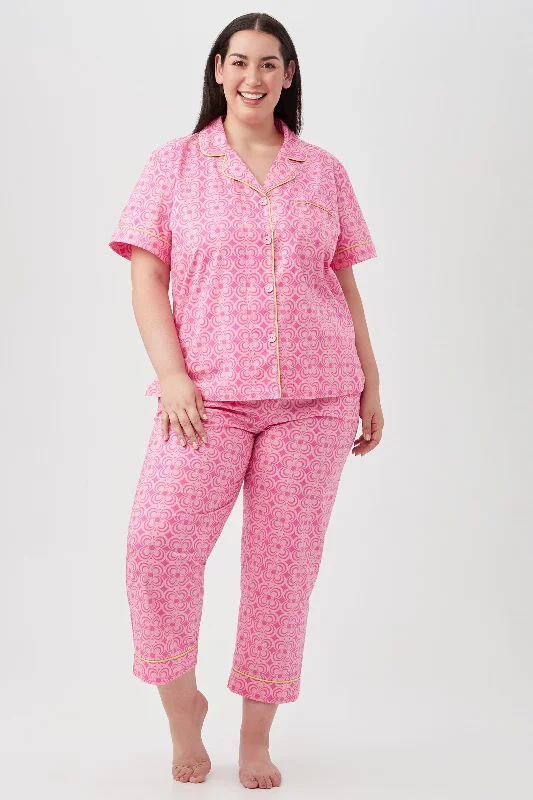 Summer Geo Short Sleeve Cropped Pant Poplin PJ Set Relaxed Lounge Trousers