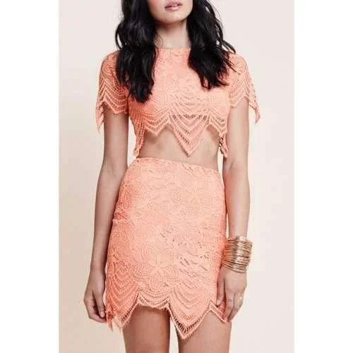 Fashionable Jewel Neck Floral Pattern Short Sleeve Crop Top + Mini Skirt For Women - Orangepink M cashmere skirt fine