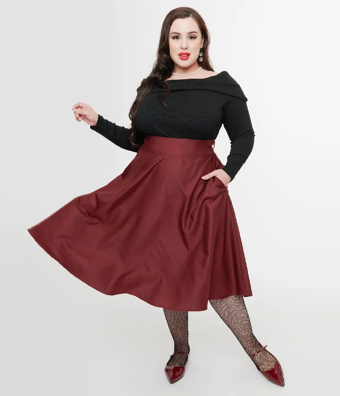 Unique Vintage Plus Size 1950s Burgundy High Waist Vivien Swing Skirt chiffon skirt airy