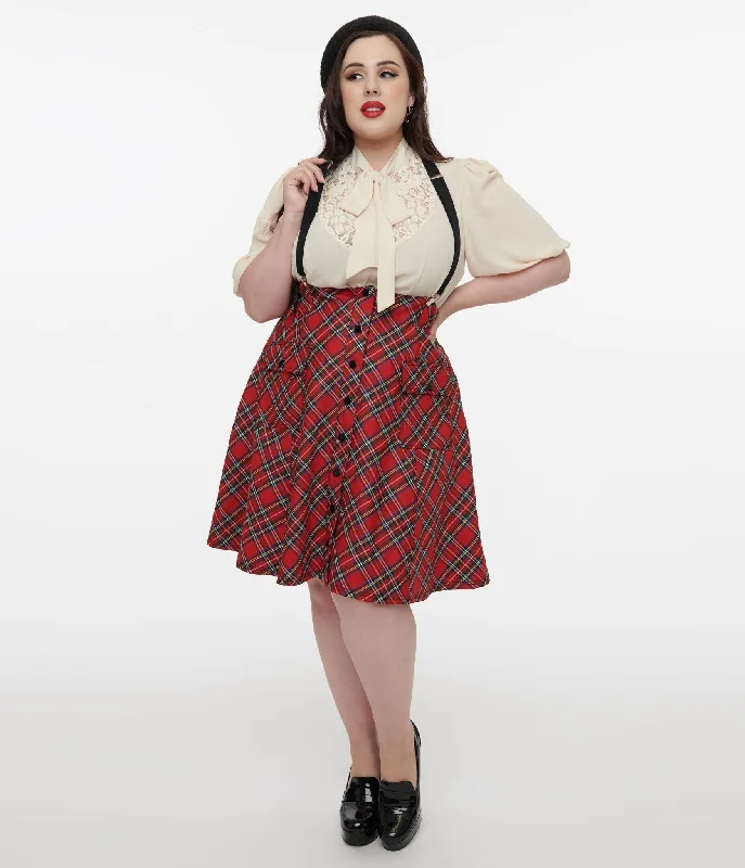 Unique Vintage Plus Size 1950s Red Bias Plaid Suspender Flare Skirt wool skirt sturdy