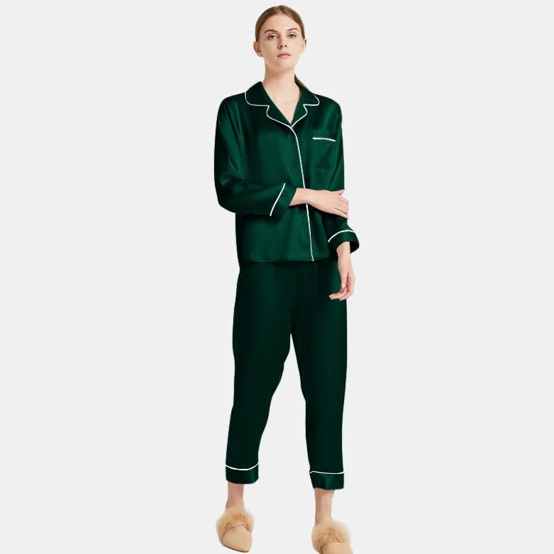 Women's  Capri-pants Silk Pajamas Set Long Sleeve Real Mulberry Comfy Silk Two Piece Pajamas Set Casual Lounge Pants