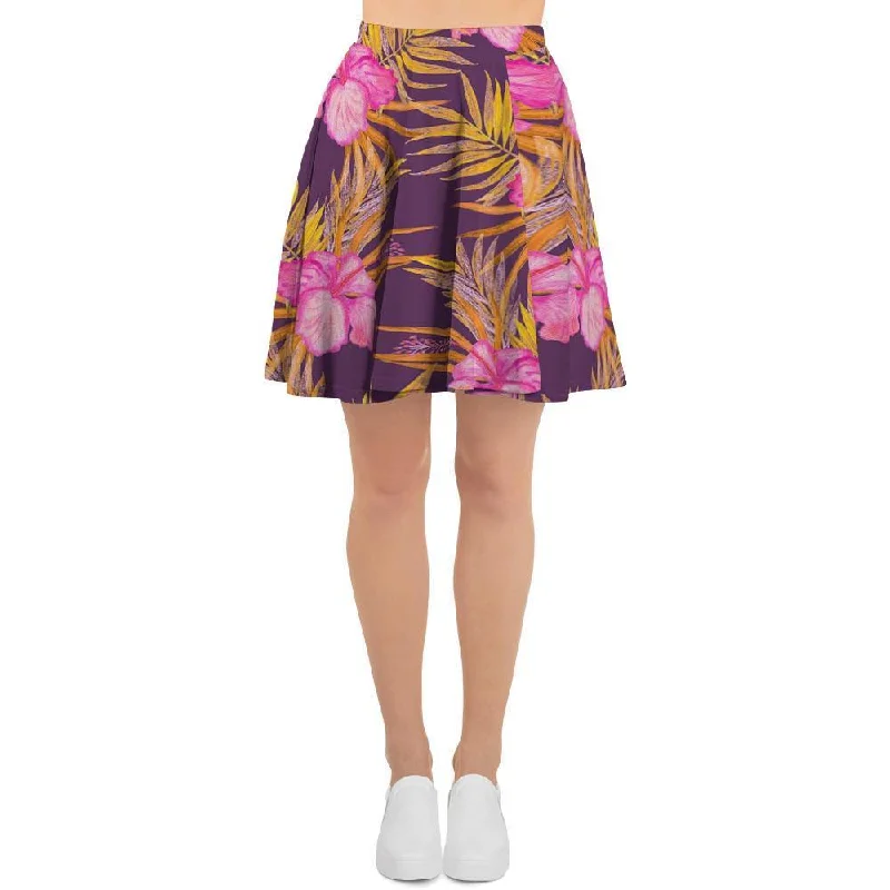 Watercolor Hibiscus Flower Hawaiian Print Women's Skirt button skirt front