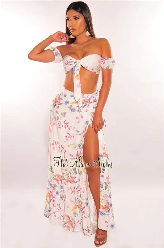 White Floral Print Tie Up Tiered Maxi Skirt Two Piece Set maxi skirt elegant