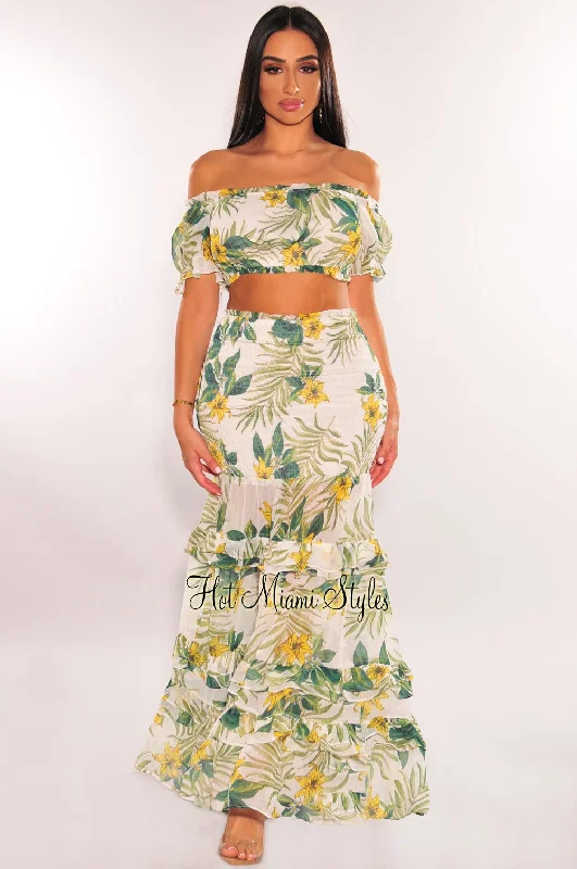 White Tropical Print Off Shoulder Smocked Ruffle Maxi Skirt Two Piece Set velvet skirt luxury