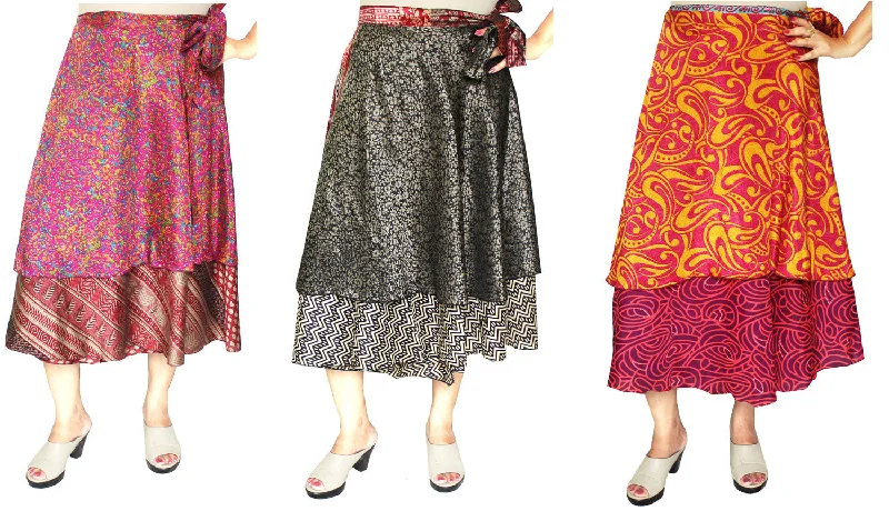 Wholesale 3 Pcs Lot Two Layers Women's Indian Sari Magic Wrap Skirt high waist skirt