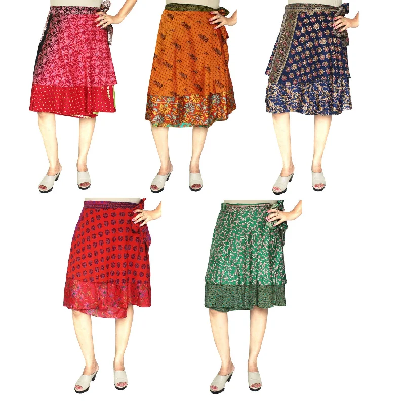 Wholesale 5 Pcs Lot Two Layers Women's Indian Sari Magic Wrap Short Skirt silk skirt lustrous