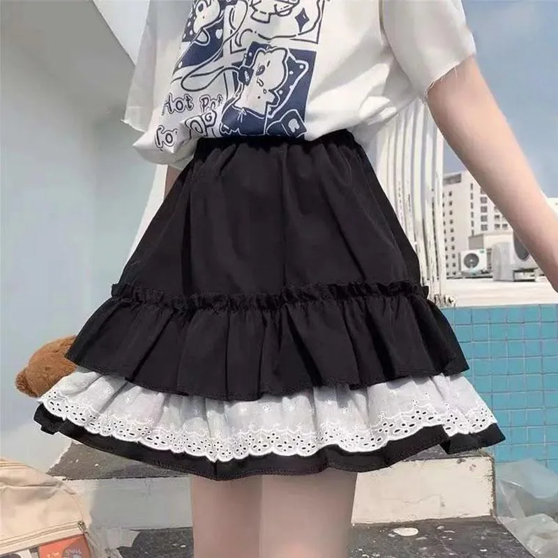 Woman Skirts Summer Casual A-line Skirt Girls JK Mini Skirts Solid Color Elastic High Waist Skirt Loose Lace Ball Gown lace skirt elegant