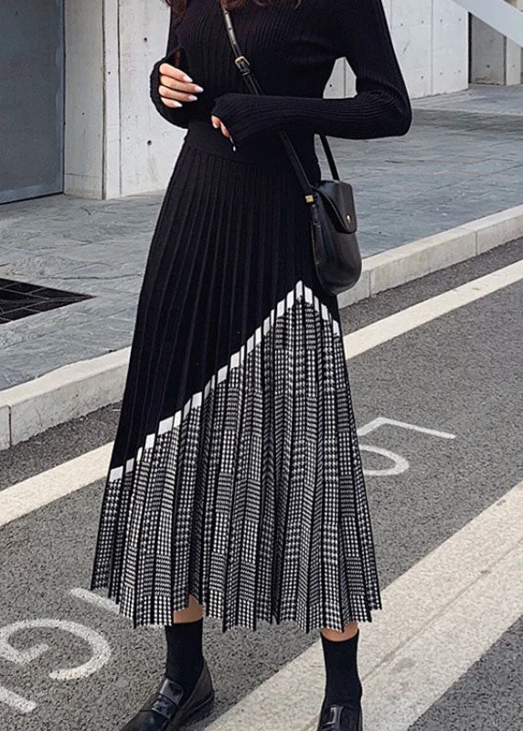 Women Black Patchwork Plaid Knit Skirts Winter cotton skirt soft