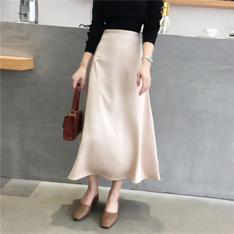 Women Elegant Office Lady Quality Glossy Satin Skirt Plain Shiny  Fashion velvet skirt plush